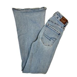 American Eagle Blue Jeans Super High Rise Flare Stretch Sz 00 29.5"L Hippie Boho